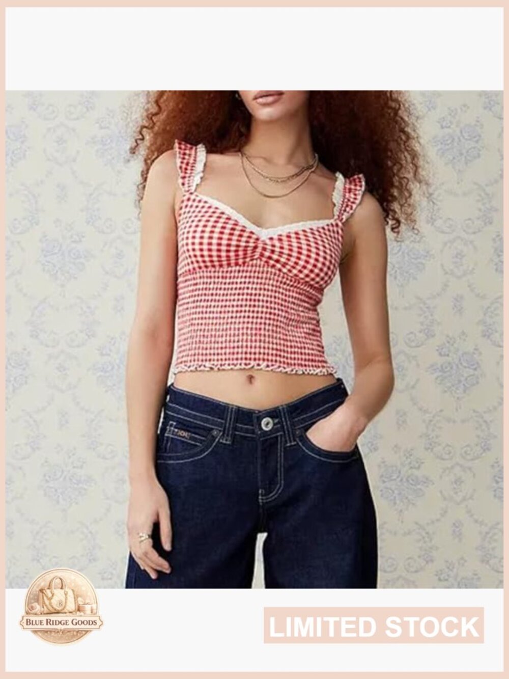 Gingham Lace Trim Square Neck Crop Tank Tops Y2K Sleeveless Going Out Tops Slim - Picture 3 of 5